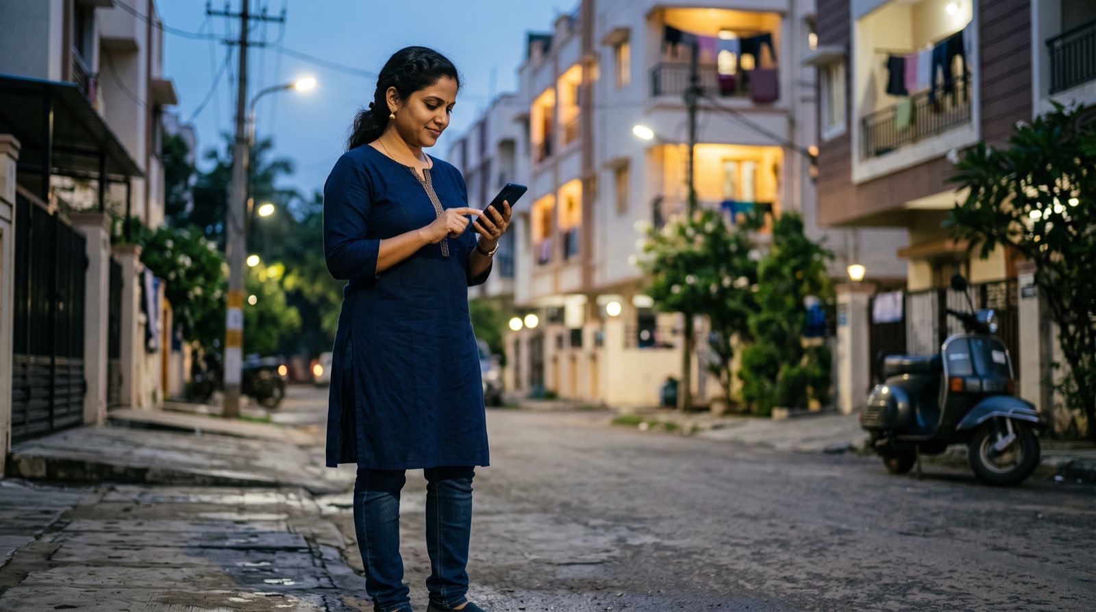 A woman in a navy kurta on a residential street at dusk, pressing the side button of her phone