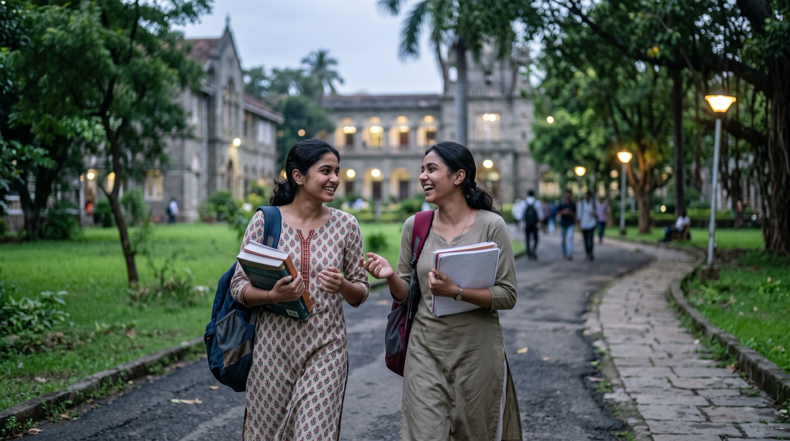 Two college students carrying books, laughing as they walk across a green campus in the evening