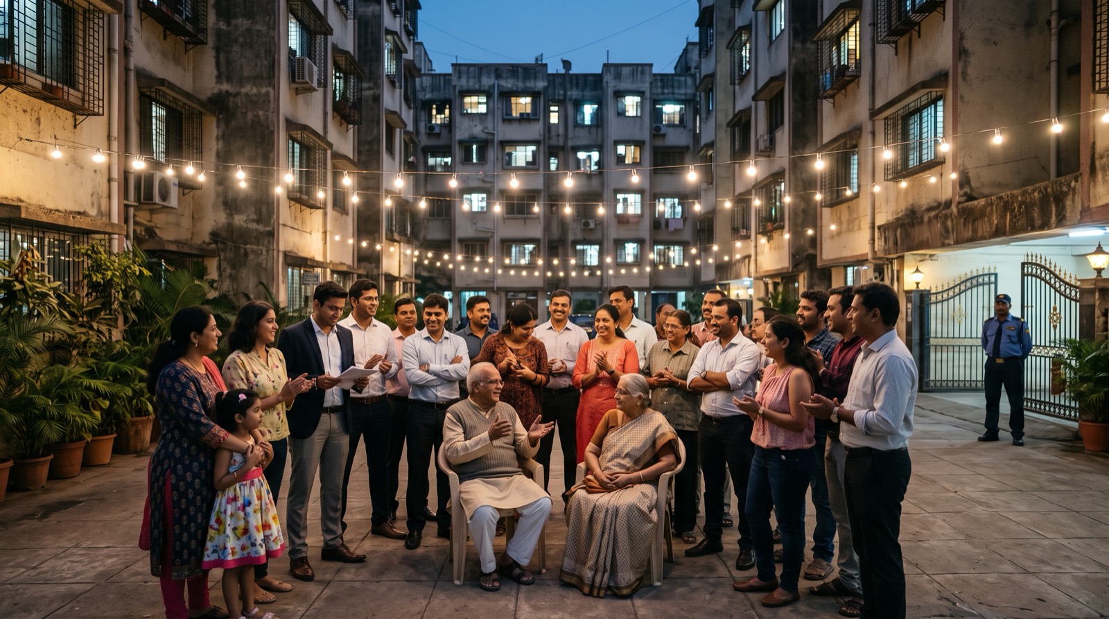 Residents of a housing society, young and old, gathered in the courtyard in the evening under string lights