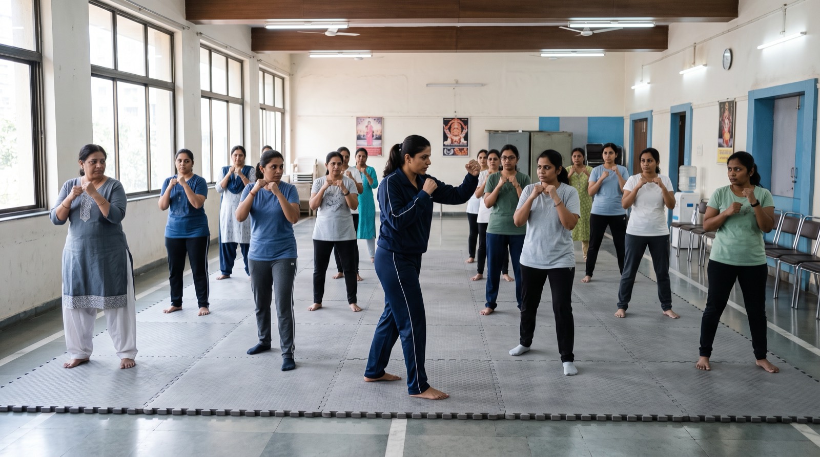 A women's self-defence class in a bright hall, an instructor in a navy tracksuit demonstrating a guard stance