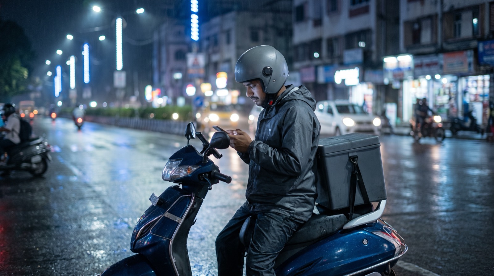 A delivery rider in a grey helmet on a scooter on a rain-wet city street at night, checking the phone on his handlebar
