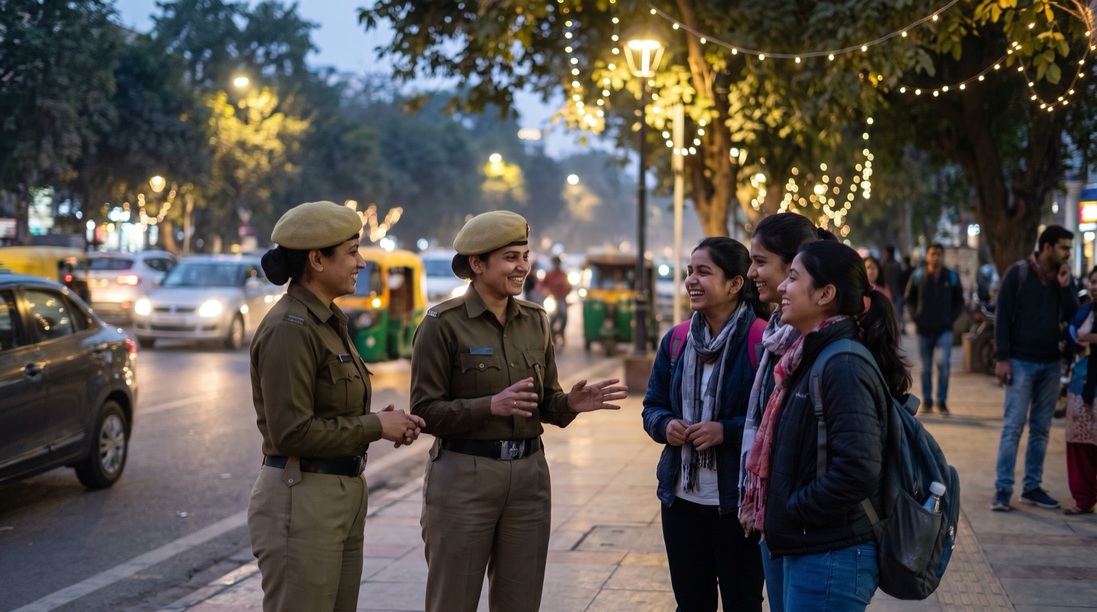 Two policewomen in khaki uniforms talking with three college students on a tree-lined city footpath at dusk